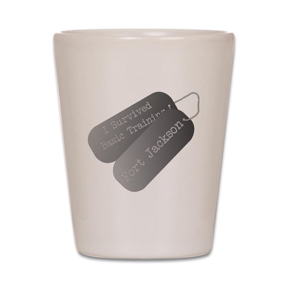 CafePress - I Survived Basic Training At Fort Jacks - White Shot Glass, Unique and Funny Shot Glass
