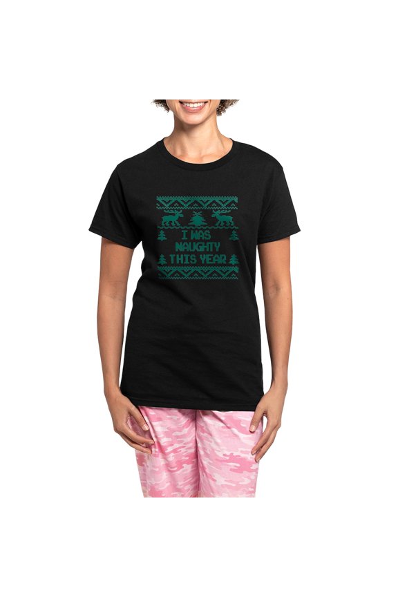 - I Was Naughty This Year Ugly Women's Dark Pajamas - Women's Short Sleeve Print T-Shirt and Pants Dark Cotton Pajama Set