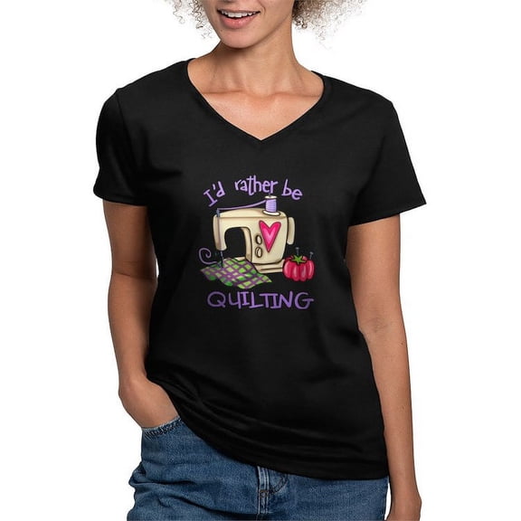 CafePress - I'd Rather Be Quilting Women's V Neck Dark T Shirt - Women's V-Neck Dark T-Shirt