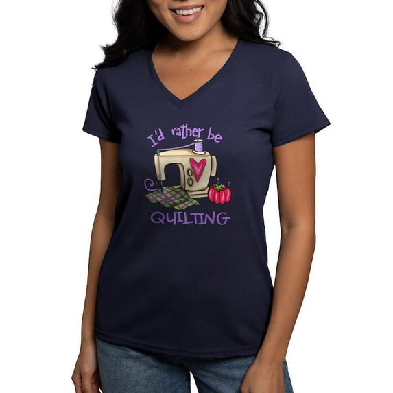 CafePress - I'd Rather Be Quilting Women's V Neck Dark T Shirt - Women's V-Neck Dark T-Shirt