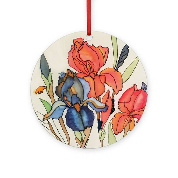 CafePress - IRIS FLOWER WATERCOLOR -  Round Wood Ornament 4"