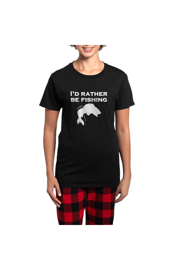 - Id Rather Be Fishing Pajamas - Women's Short Sleeve Print T-Shirt and Pants Dark Cotton Pajama Set