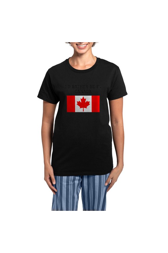 - Id Rather Be In Canada Pajamas - Women's Short Sleeve Print T-Shirt and Pants Dark Cotton Pajama Set