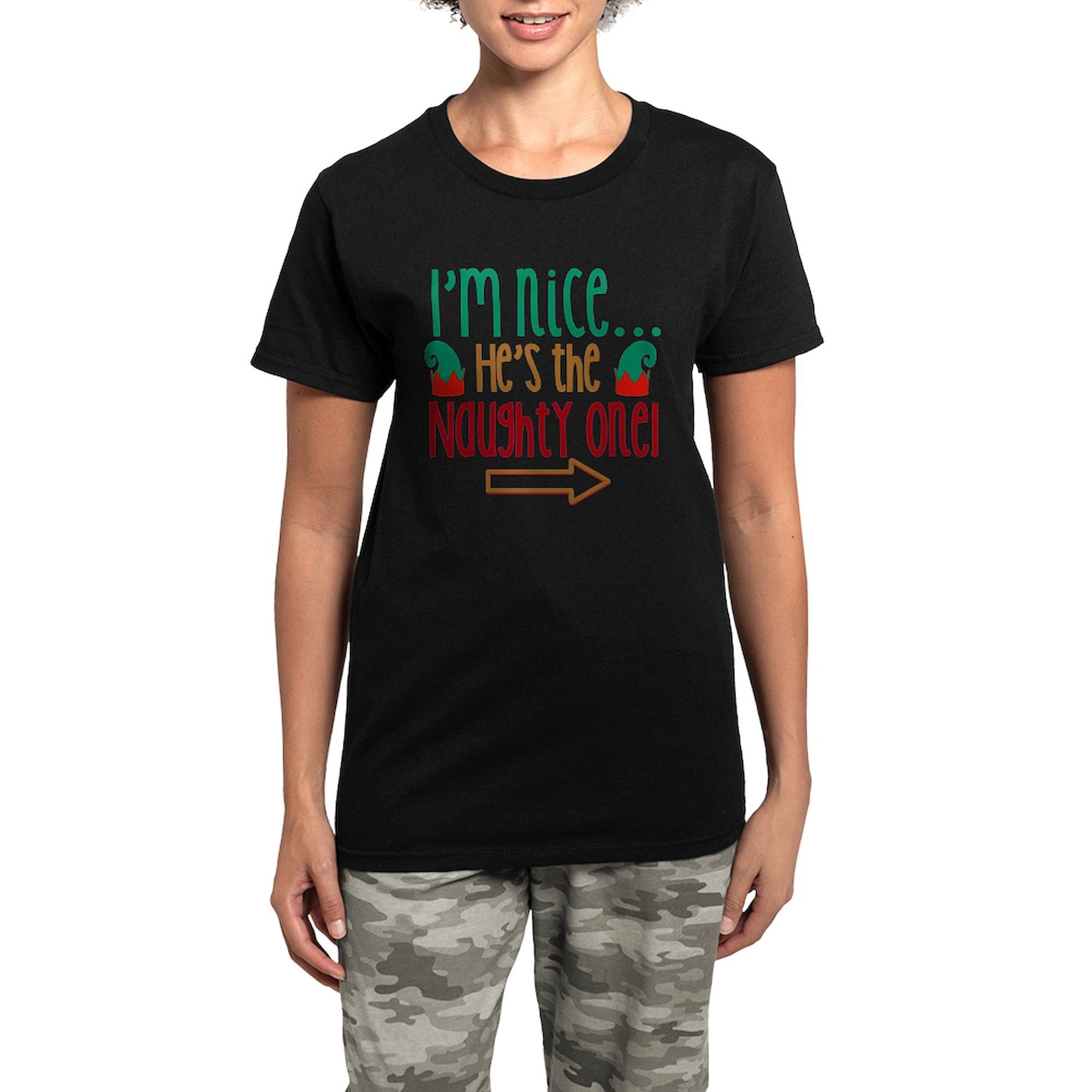 CafePress - Im Nice Hes Naughty Elf Hat Women's Dark Pajamas - Women's Short Sleeve Print T-Shirt and Pants Dark Cotton Pajama Set