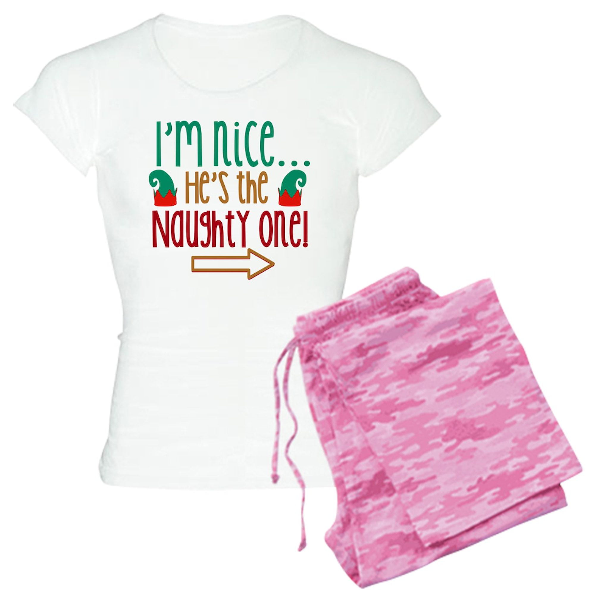 CafePress - Im Nice Hes Naughty Elf Hat Women's Light Pajamas - Women's Short Sleeve Print T-Shirt and Pants Light Cotton Pajama Set