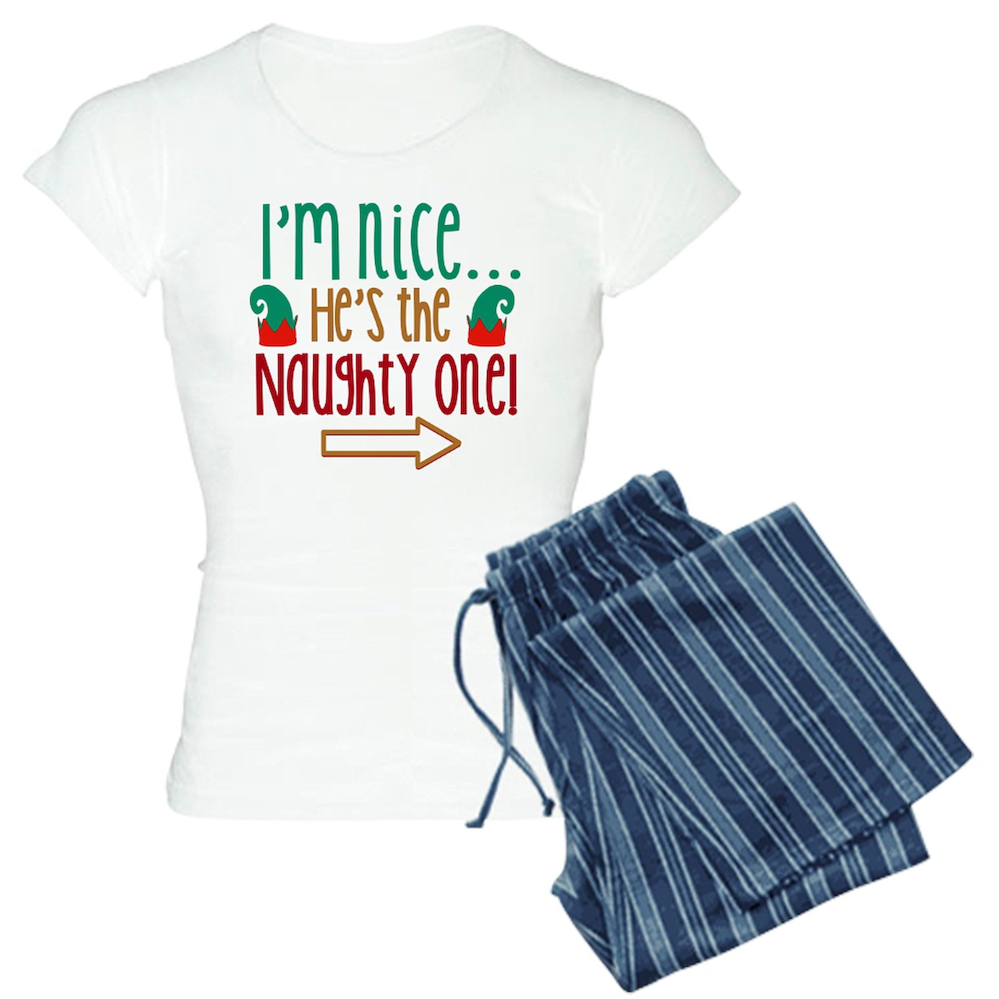 CafePress - Im Nice Hes Naughty Elf Hat Women's Light Pajamas - Women's Short Sleeve Print T-Shirt and Pants Light Cotton Pajama Set