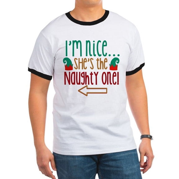 CafePress - Im Nice She's Naughty Elf Ha T Shirt - 100% Cotton Ringed T-Shirt