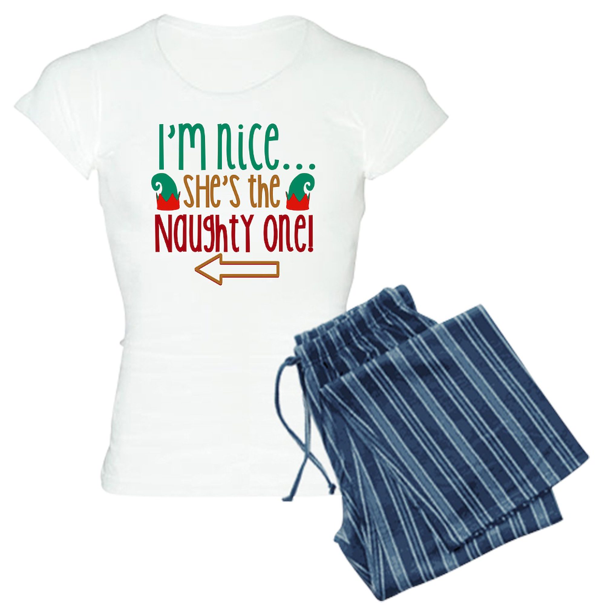 CafePress - Im Nice She's Naughty Elf Hat Women's Light Pajama - Women's Short Sleeve Print T-Shirt and Pants Light Cotton Pajama Set
