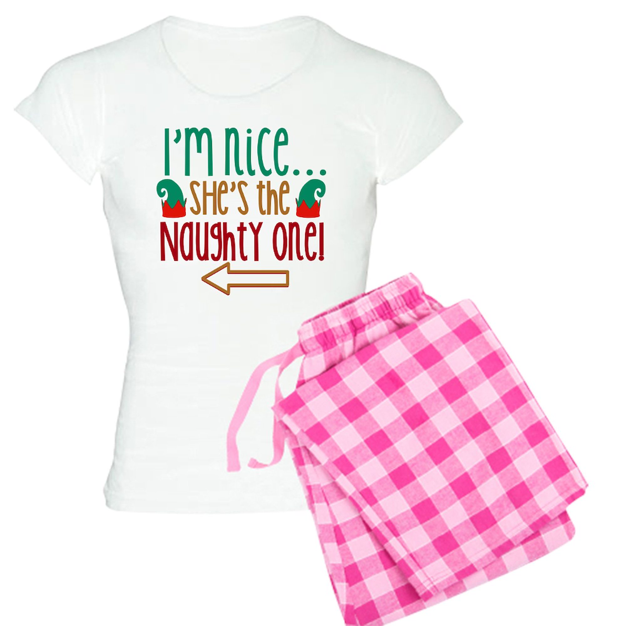 CafePress - Im Nice She's Naughty Elf Hat Women's Light Pajama - Women's Short Sleeve Print T-Shirt and Pants Light Cotton Pajama Set