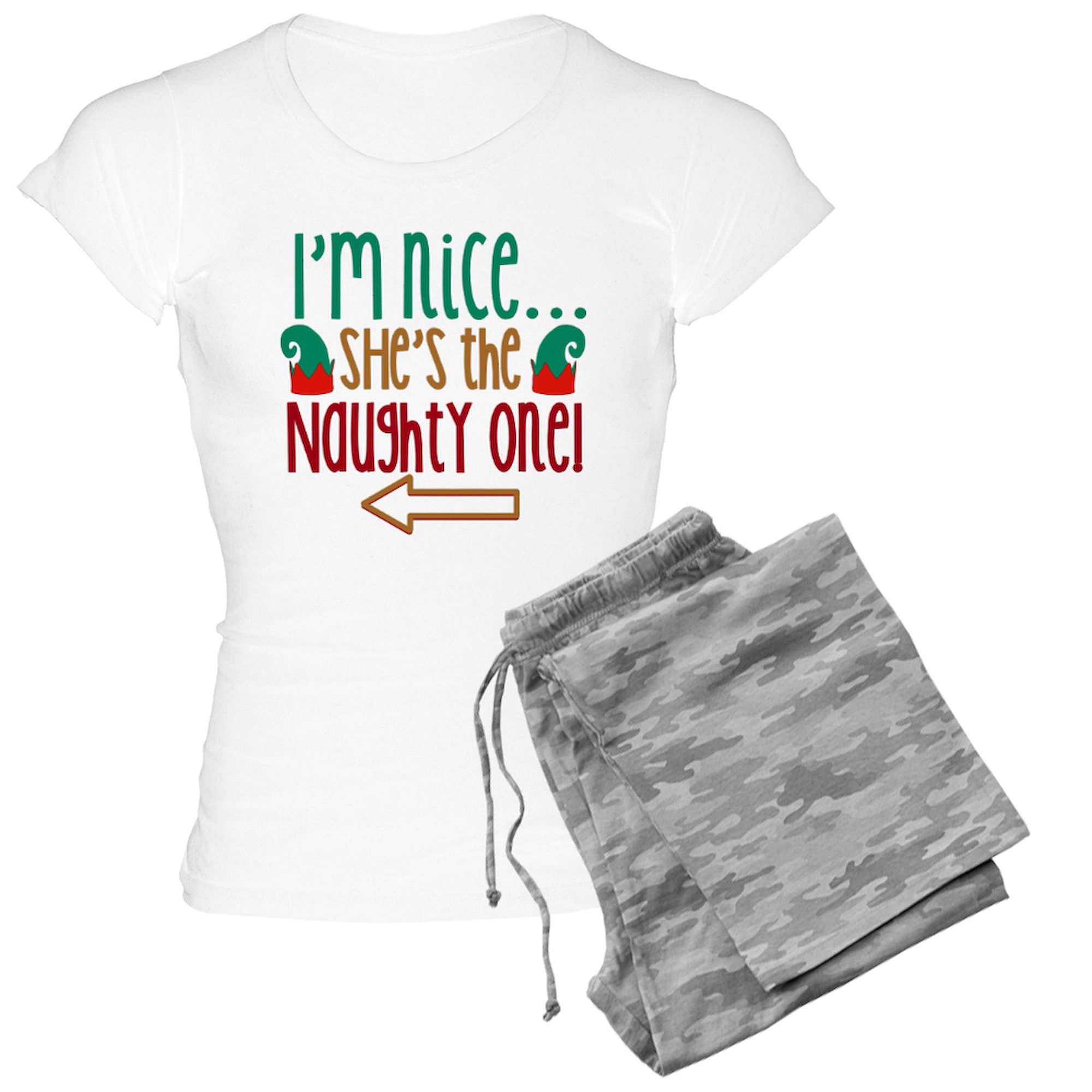 CafePress - Im Nice She's Naughty Elf Hat Women's Light Pajama - Women's Short Sleeve Print T-Shirt and Pants Light Cotton Pajama Set
