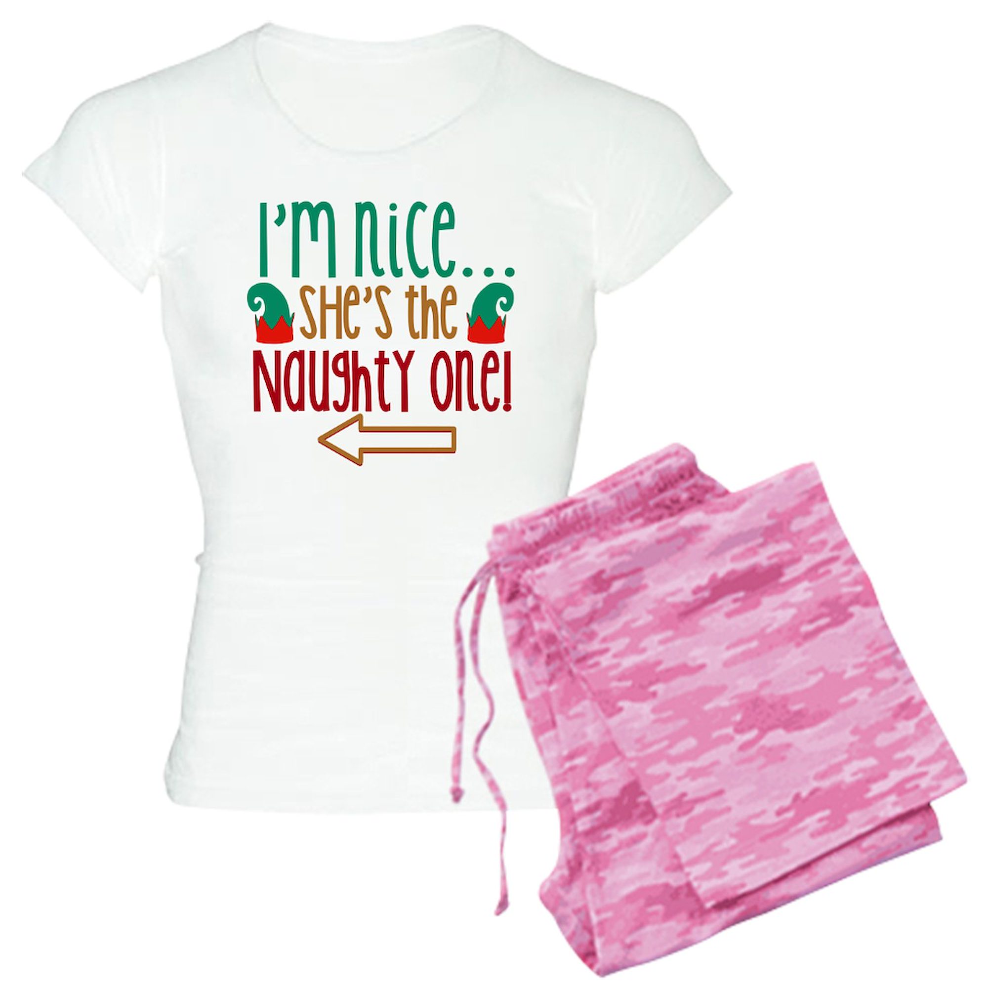 CafePress - Im Nice She's Naughty Elf Hat Women's Light Pajama - Women's Short Sleeve Print T-Shirt and Pants Light Cotton Pajama Set