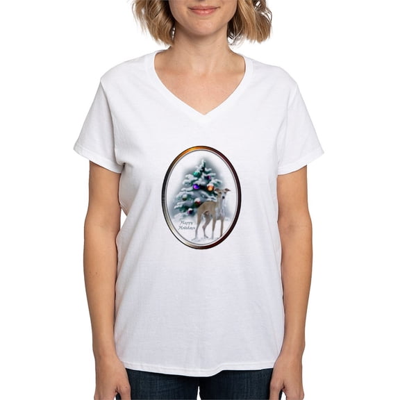 CafePress - Italian Greyhound Christmas Women's V Neck T Shirt - Womens Cotton V-Neck T-shirt