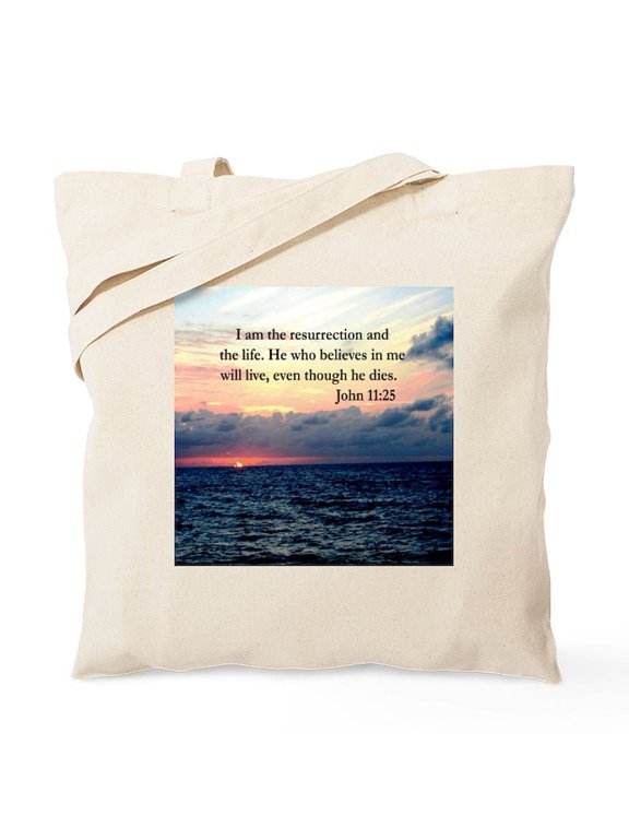 - JOHN 11:25 VERSE Tote Bag - Unisex Canvas Tote Bag, Beige, 1-Piece