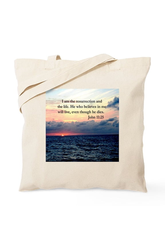 - JOHN 11:25 VERSE Tote Bag - Unisex Canvas Tote Bag, Beige, 1-Piece