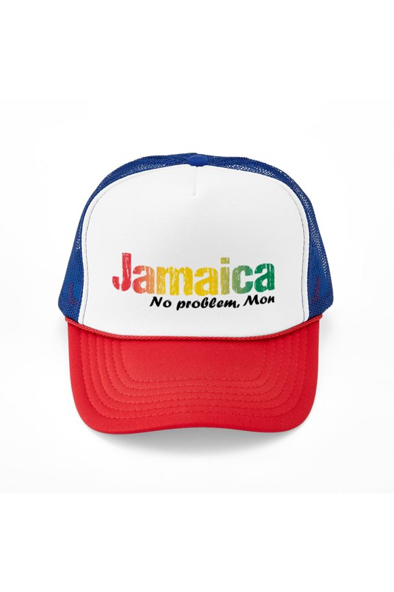 - Jamaica No Problem Tri - Trucker Hat - Polyester Foam Front and Nylon Mesh Weave Back