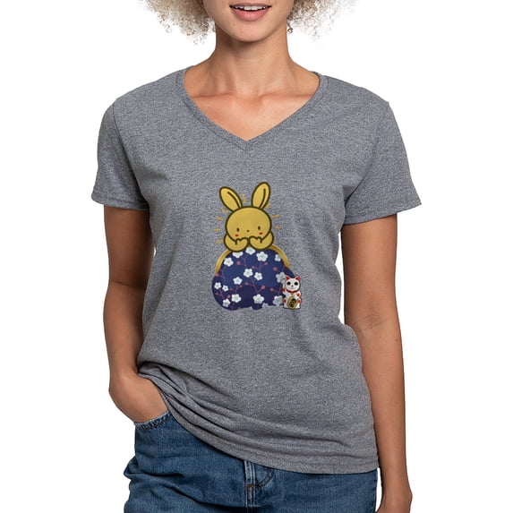 CafePress - Japanese Style Rabbit With Purse T Shirt - Women's V-Neck Dark T-Shirt