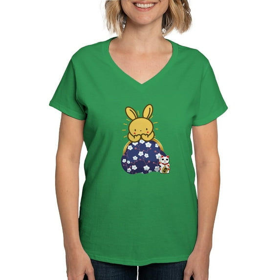 CafePress - Japanese Style Rabbit With Purse T Shirt - Women's V-Neck Dark T-Shirt