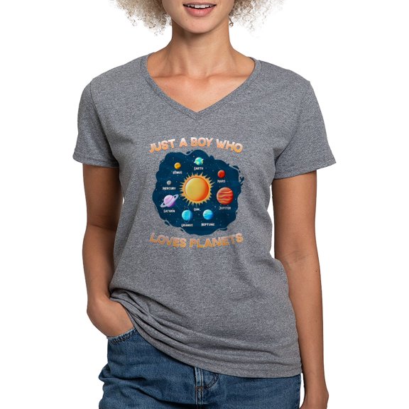CafePress - Just A Boy Who Loves Planets I Funny Science T Shirt - Women's V-Neck Dark T-Shirt