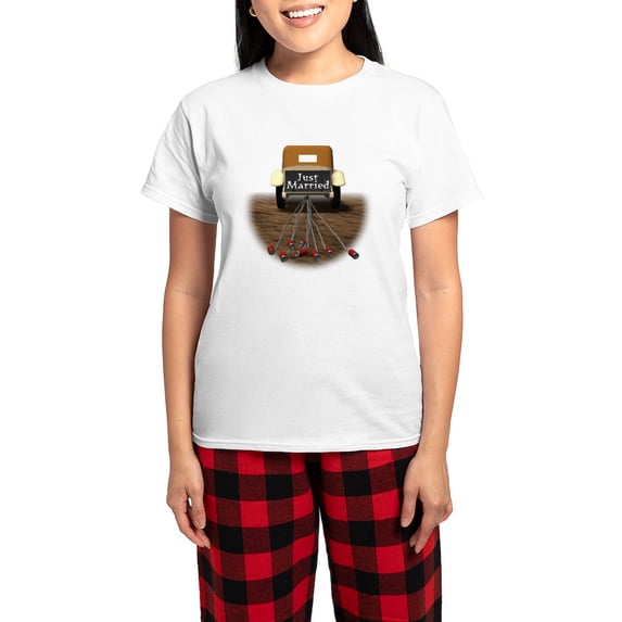 CafePress - Just Married Women's Light Pajamas - Women's Short Sleeve Print T-Shirt and Pants Light Cotton Pajama Set