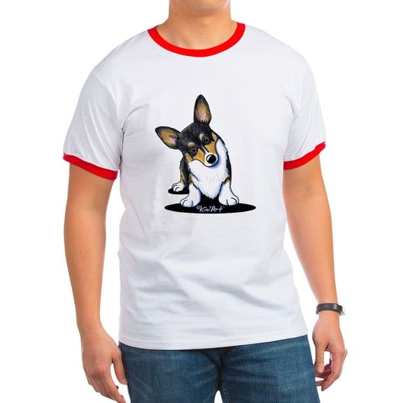 CafePress - Kiniart Tricolor Corgi Ringer T - 100% Cotton Ringed T-Shirt