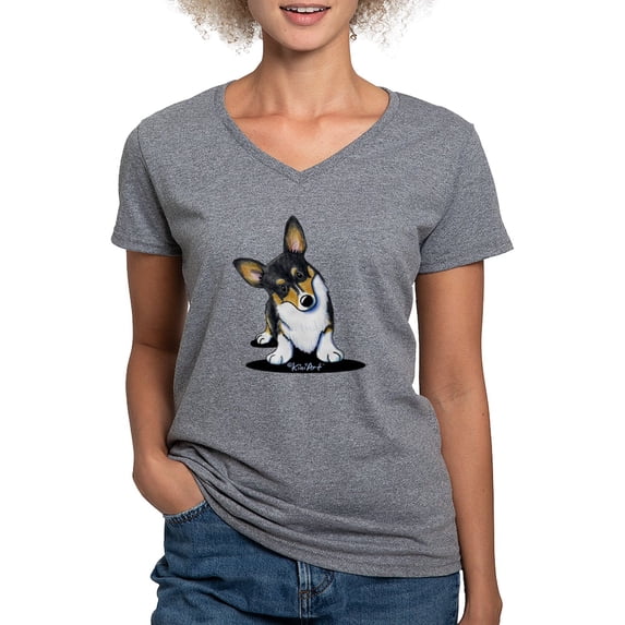 CafePress - Kiniart Tricolor Corgi Women's V Neck Dark T Shirt - Women's V-Neck Dark T-Shirt