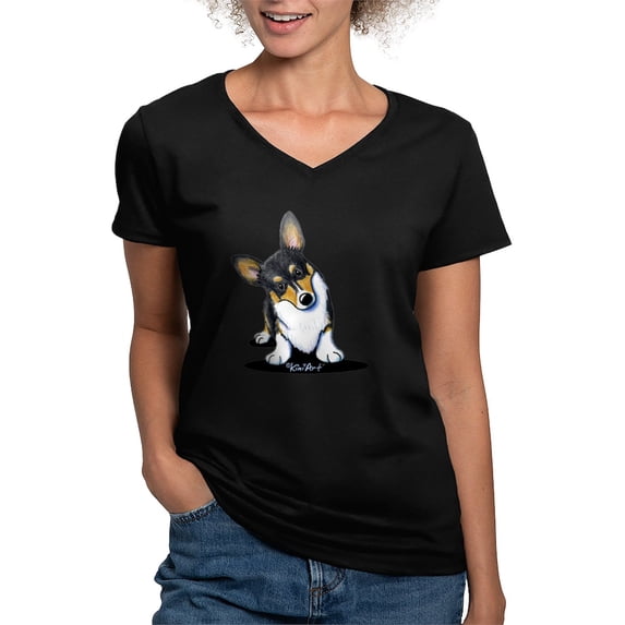 CafePress - Kiniart Tricolor Corgi Women's V Neck Dark T Shirt - Women's V-Neck Dark T-Shirt