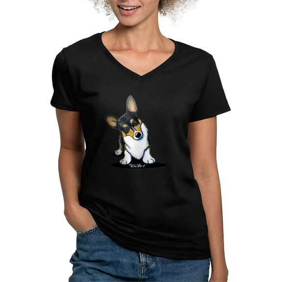 CafePress - Kiniart Tricolor Corgi Women's V Neck Dark T Shirt - Women's V-Neck Dark T-Shirt