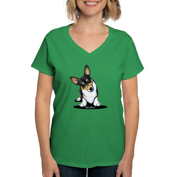 CafePress - Kiniart Tricolor Corgi Women's V Neck Dark T Shirt - Women's V-Neck Dark T-Shirt