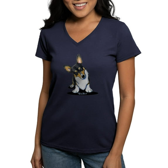CafePress - Kiniart Tricolor Corgi Women's V Neck Dark T Shirt - Women's V-Neck Dark T-Shirt