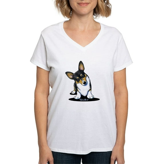 CafePress - Kiniart Tricolor Corgi Women's V Neck T Shirt - Womens Cotton V-Neck T-shirt