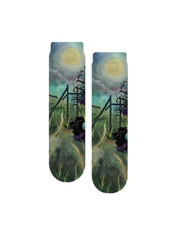 - Kitten Witch Halloween Fantasy Art Witch And Black - Unisex Novelty Printed Crew Adult Socks