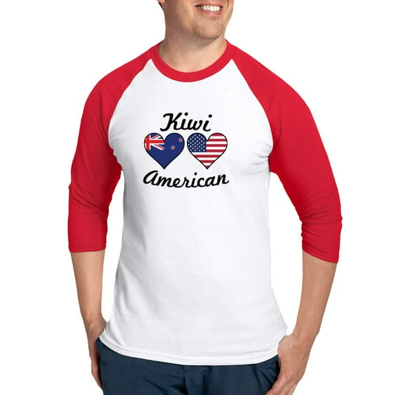 CafePress - Kiwi American Flag Hearts Baseball Jersey - Cotton Baseball Jersey, 3/4 Raglan Sleeve Shirt