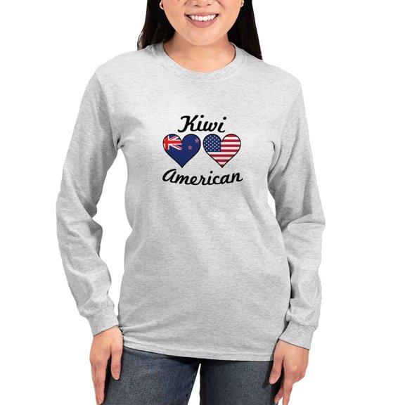 CafePress - Kiwi American Flag Hearts Long Sleeve T Shirt - Women's Long Sleeve Graphic Casual T-Shirt
