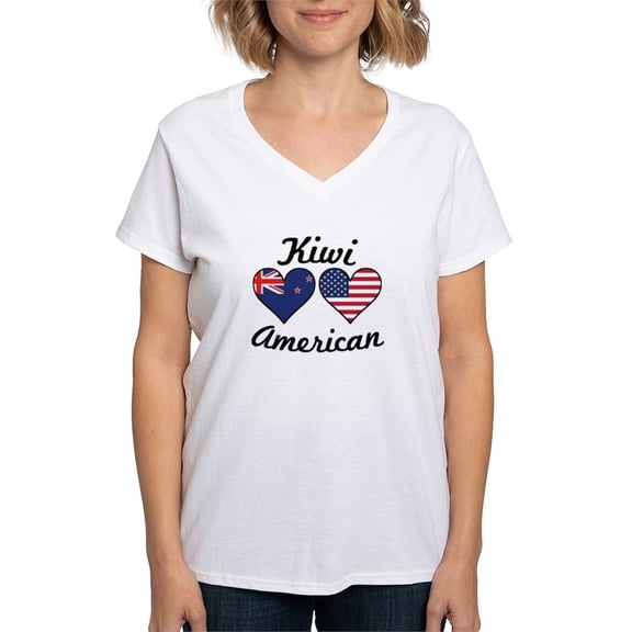 CafePress - Kiwi American Flag Hearts T Shirt - Womens Cotton V-Neck T-shirt