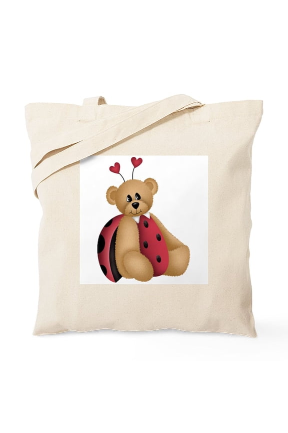 - Ladybug Bear Tote Bag - Unisex Canvas Tote Bag, Beige, 1-Piece