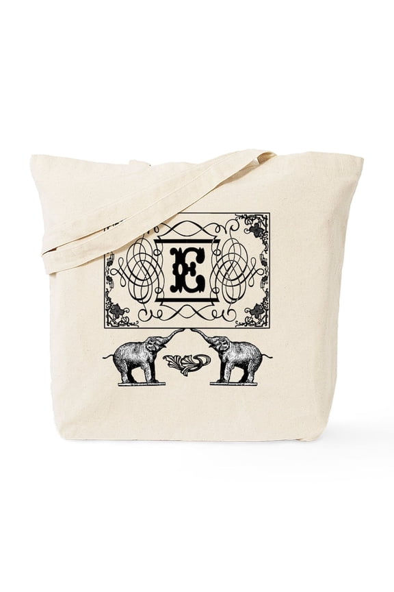 - Letter E Ornate Circus Elephants Monogram Tote - Unisex Canvas Tote Bag, Beige, 1-Piece