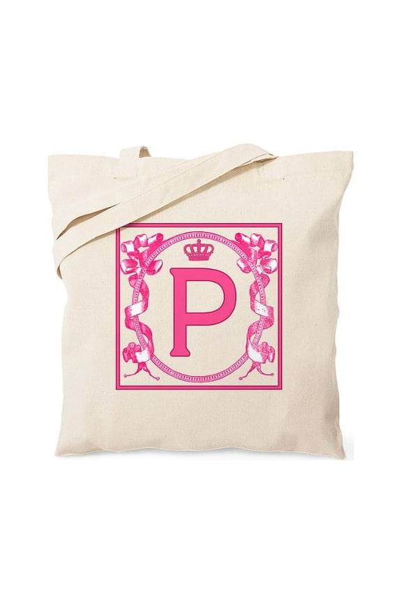 - Letter P Fuchsia Ribbons Monogram Tote Bag - Unisex Canvas Tote Bag, Beige, 1-Piece