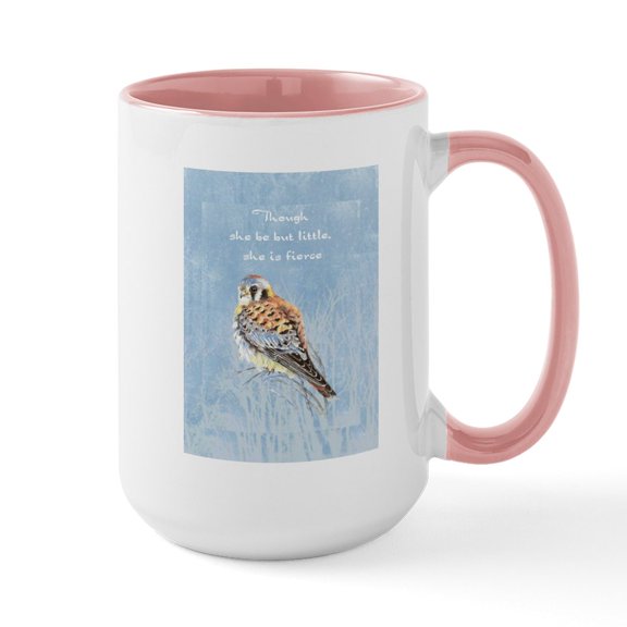 CafePress - Little But Fierce Quote Kestrel Watercolor Falcon - 15 oz Ceramic Large White Novelty Mug