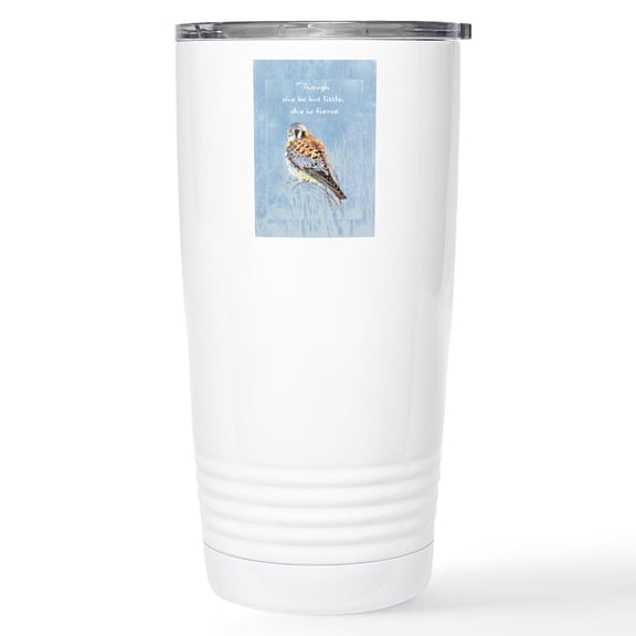CafePress - Little But Fierce Quote Kestrel Watercolor Falcon - Insulated Stainless Steel Travel Tumbler 20 oz.