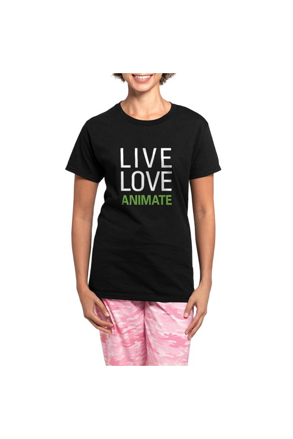- Live Love Animate Women's Dark Pajamas - Women's Short Sleeve Print T-Shirt and Pants Dark Cotton Pajama Set