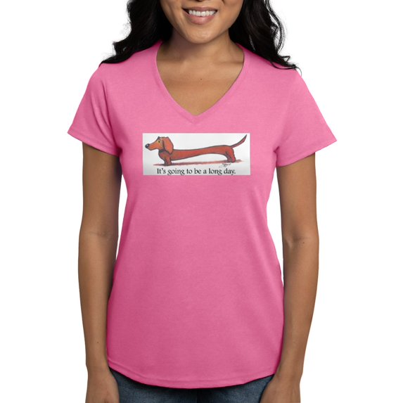 CafePress - Long Day Dachshund T Shirt - Women's V-Neck Dark T-Shirt