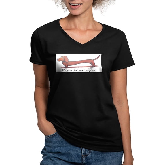 CafePress - Long Day Dachshund T Shirt - Women's V-Neck Dark T-Shirt