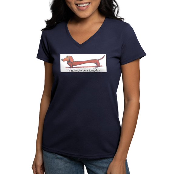 CafePress - Long Day Dachshund T Shirt - Women's V-Neck Dark T-Shirt