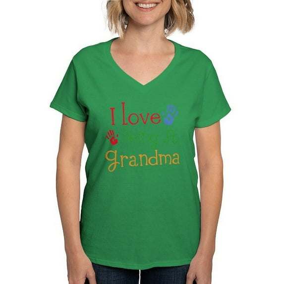 CafePress - Love Being A Grandma Handprint Multi - Women's V-Neck Dark T-Shirt