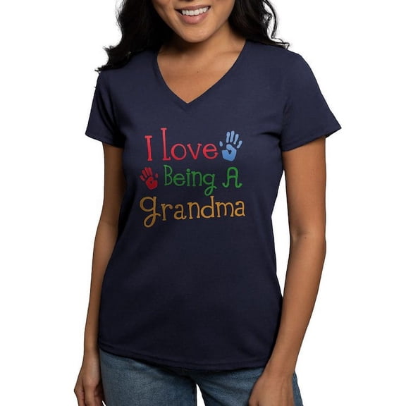 CafePress - Love Being A Grandma Handprint Multi - Women's V-Neck Dark T-Shirt