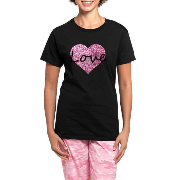 CafePress - Love Pink Glitter Heart Pajamas - Women's Short Sleeve Print T-Shirt and Pants Dark Cotton Pajama Set
