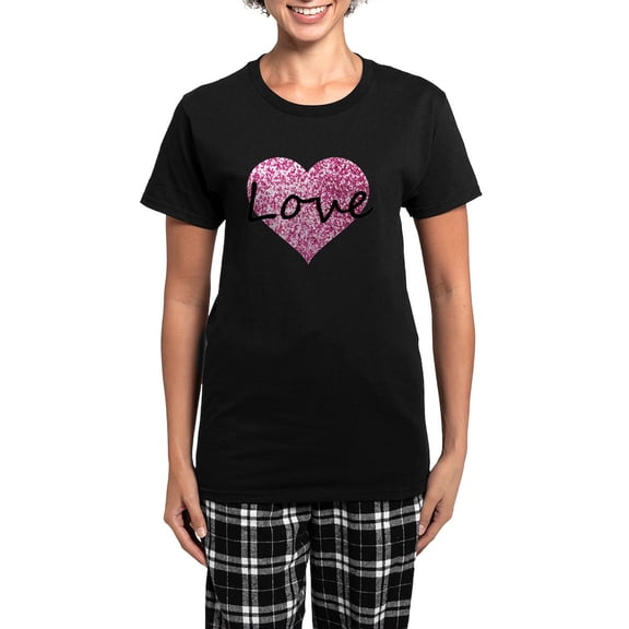 CafePress - Love Pink Glitter Heart Pajamas - Women's Short Sleeve Print T-Shirt and Pants Dark Cotton Pajama Set
