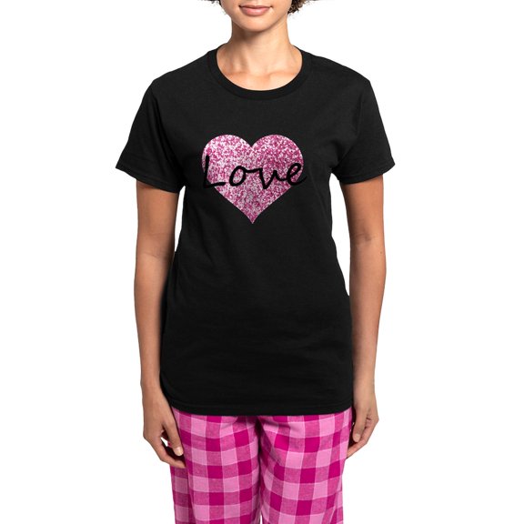 CafePress - Love Pink Glitter Heart Pajamas - Women's Short Sleeve Print T-Shirt and Pants Dark Cotton Pajama Set