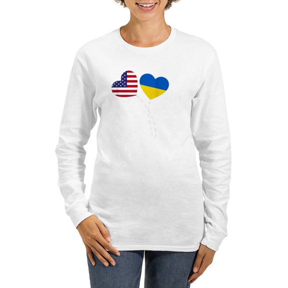CafePress - Loving USA Ukraine Flag Heart Long Sleeve T Shirt - Women's Long Sleeve Graphic Casual T-Shirt