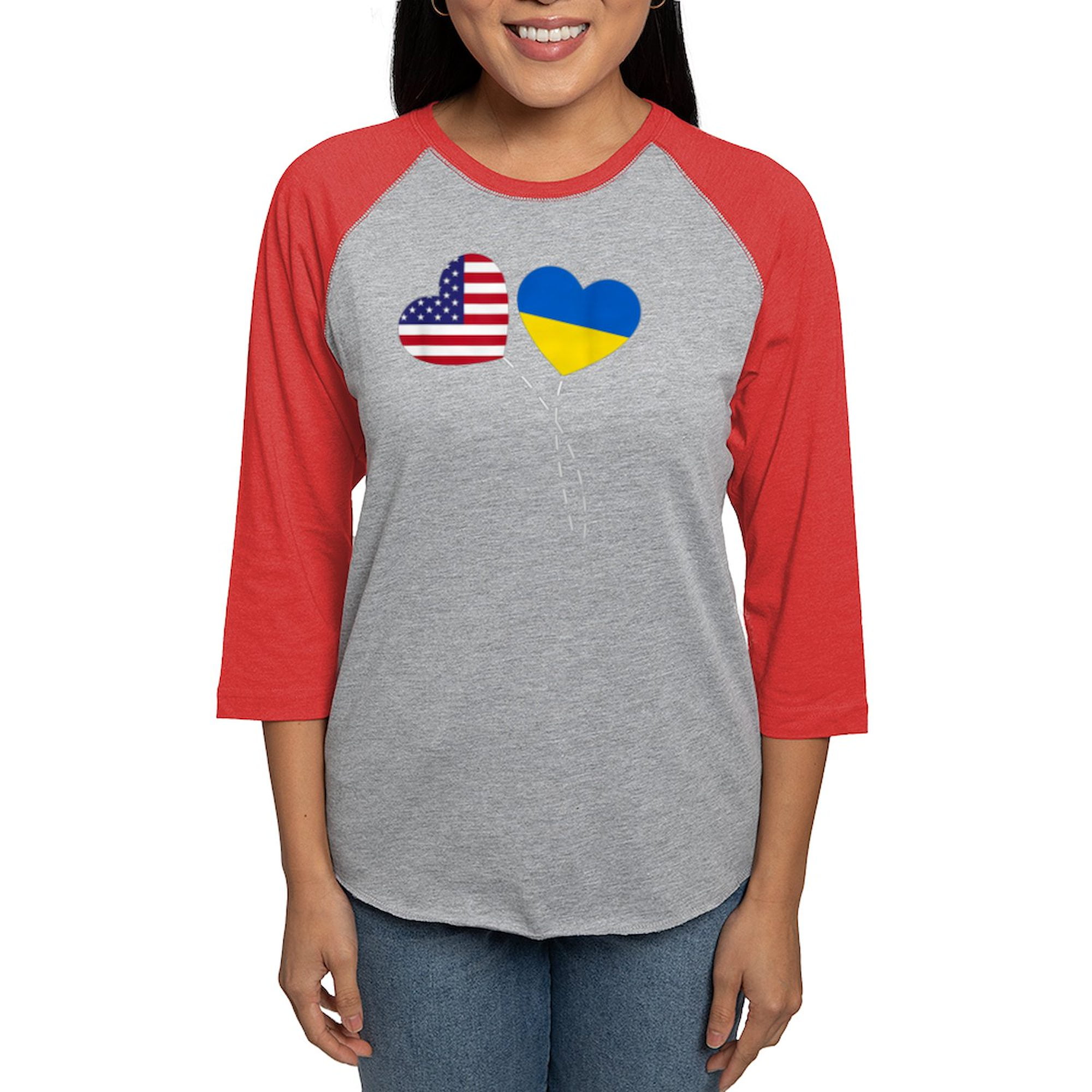 CafePress - Loving USA Ukraine Flag Heart Long Sleeve T Shirt - Womens Baseball Tee